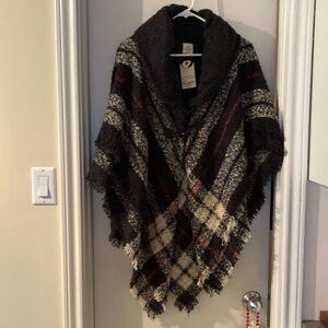 Chic Plaid Wool Poncho in Black, Cream, and Red